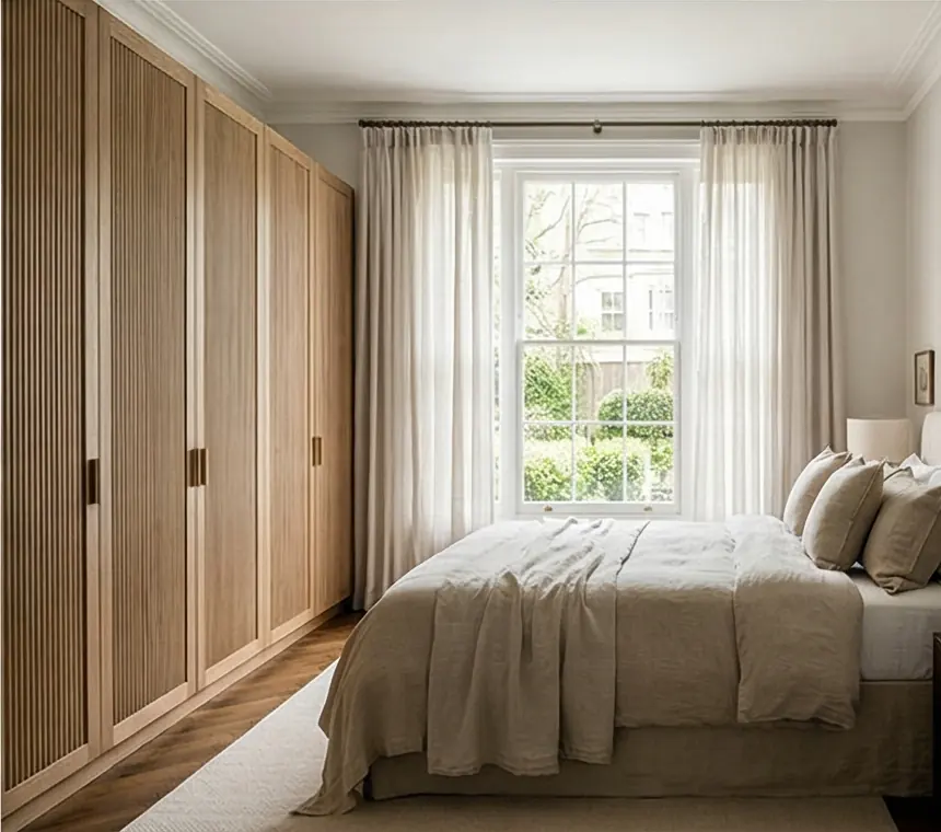 Royal Court House, Sloane Street — full-height slatted timber bedroom joinery