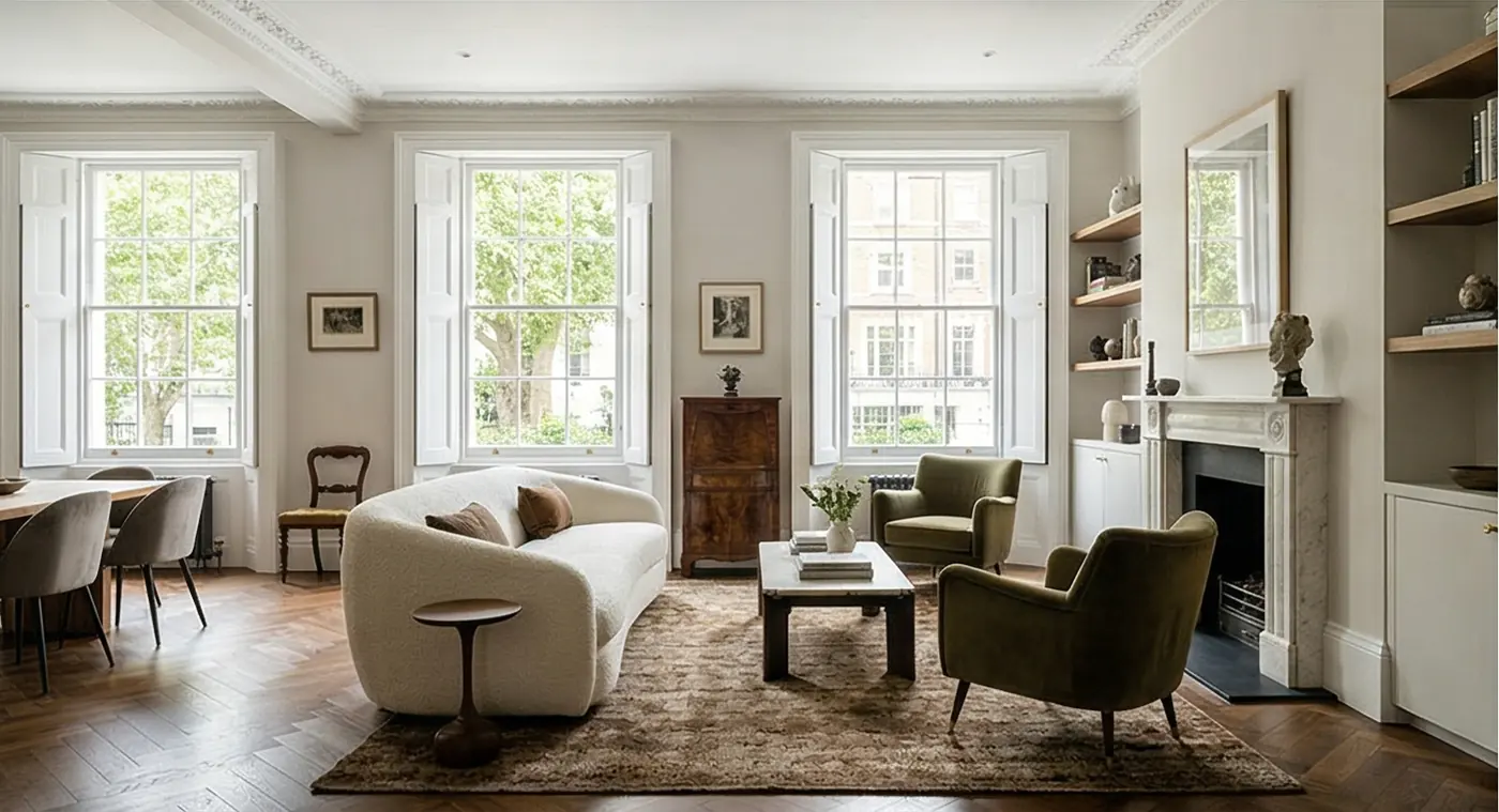Royal Court House, Sloane Street — fitted shelving and cabinetry around the reception chimney breast