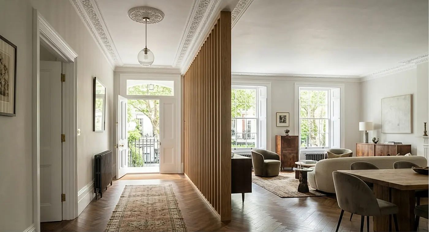 Royal Court House, Sloane Street — timber slatted joinery screen between the entrance and reception