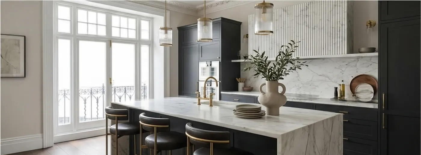 Rutland Court, Knightsbridge: Rutland Court, Knightsbridge — dark navy kitchen with full-height cabinetry, marble island and brass hardware