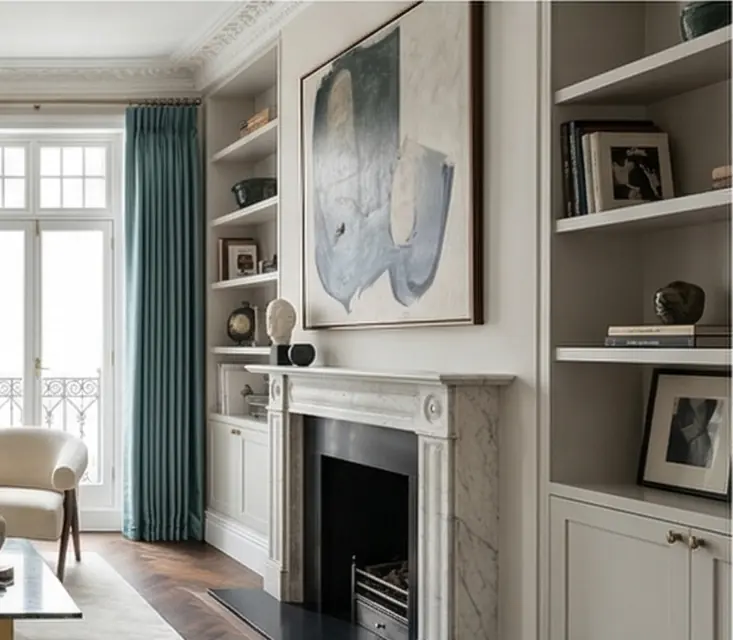 Rutland Court, Knightsbridge — fitted shelving and cabinetry around the living-room chimney breast