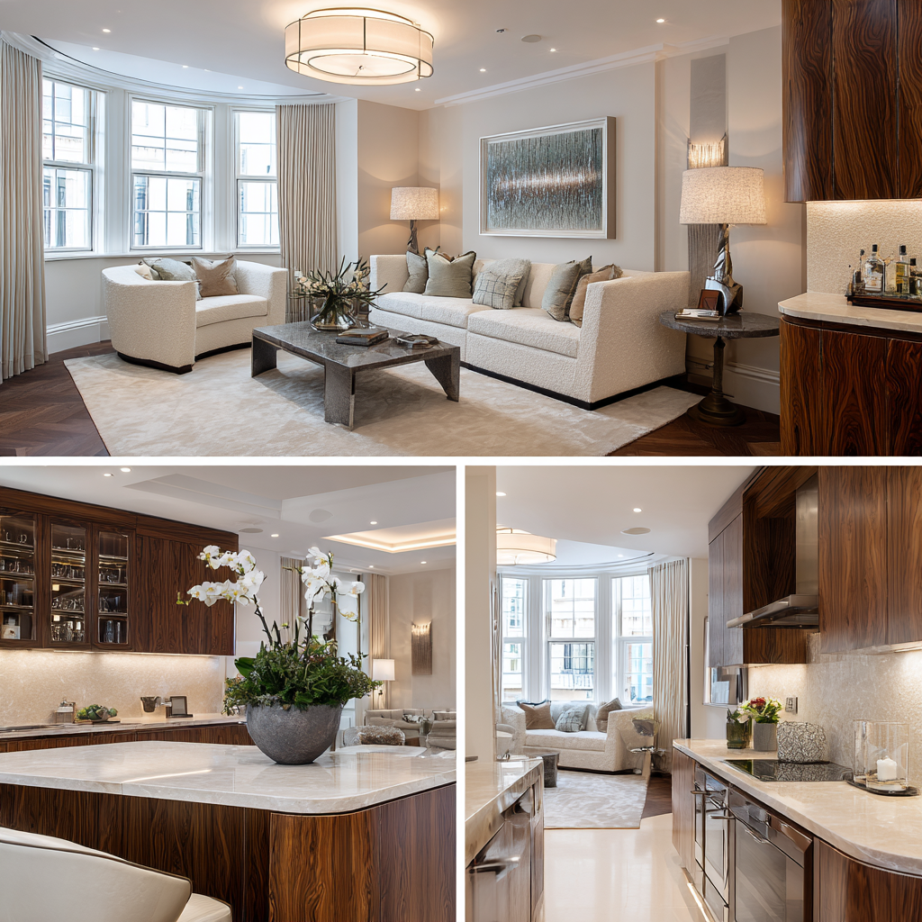 9 Chesterfield Street Mayfair apartment - dark bronze kitchen and restored Georgian reception room