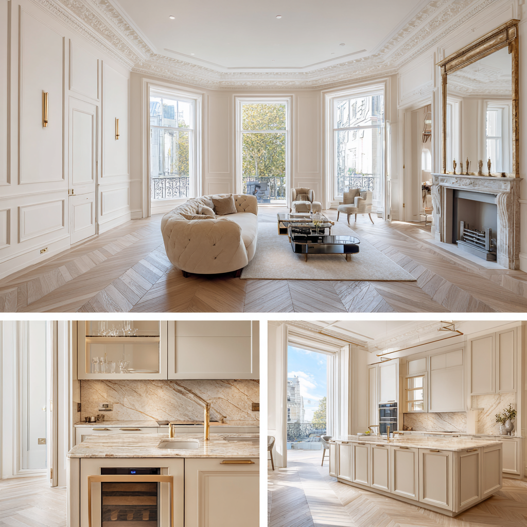 55-57 Gloucester Road Kensington SW7 apartment refurbishment - open-plan kitchen-living with engineered oak flooring