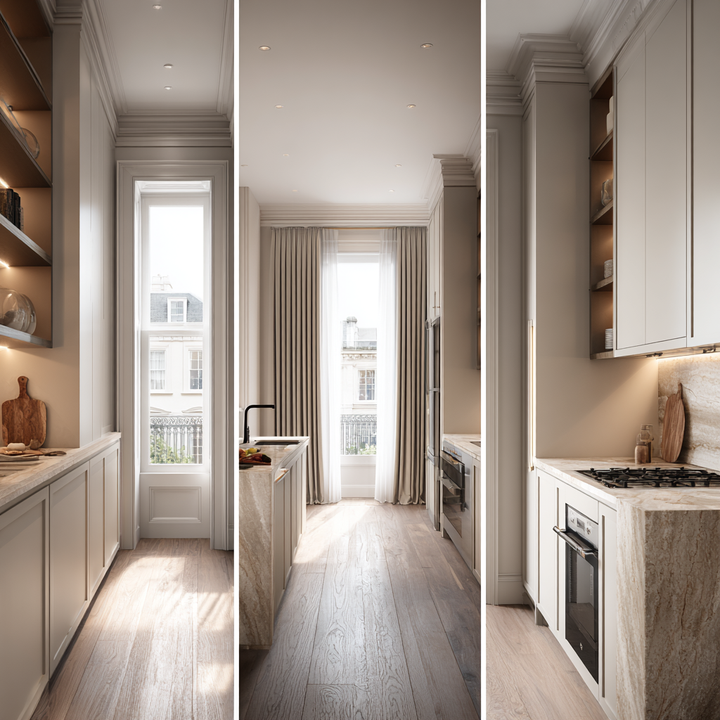 13 Greville House Belgravia SW1X apartment - pale oak kitchen with Dekton island and micro-cement bathroom
