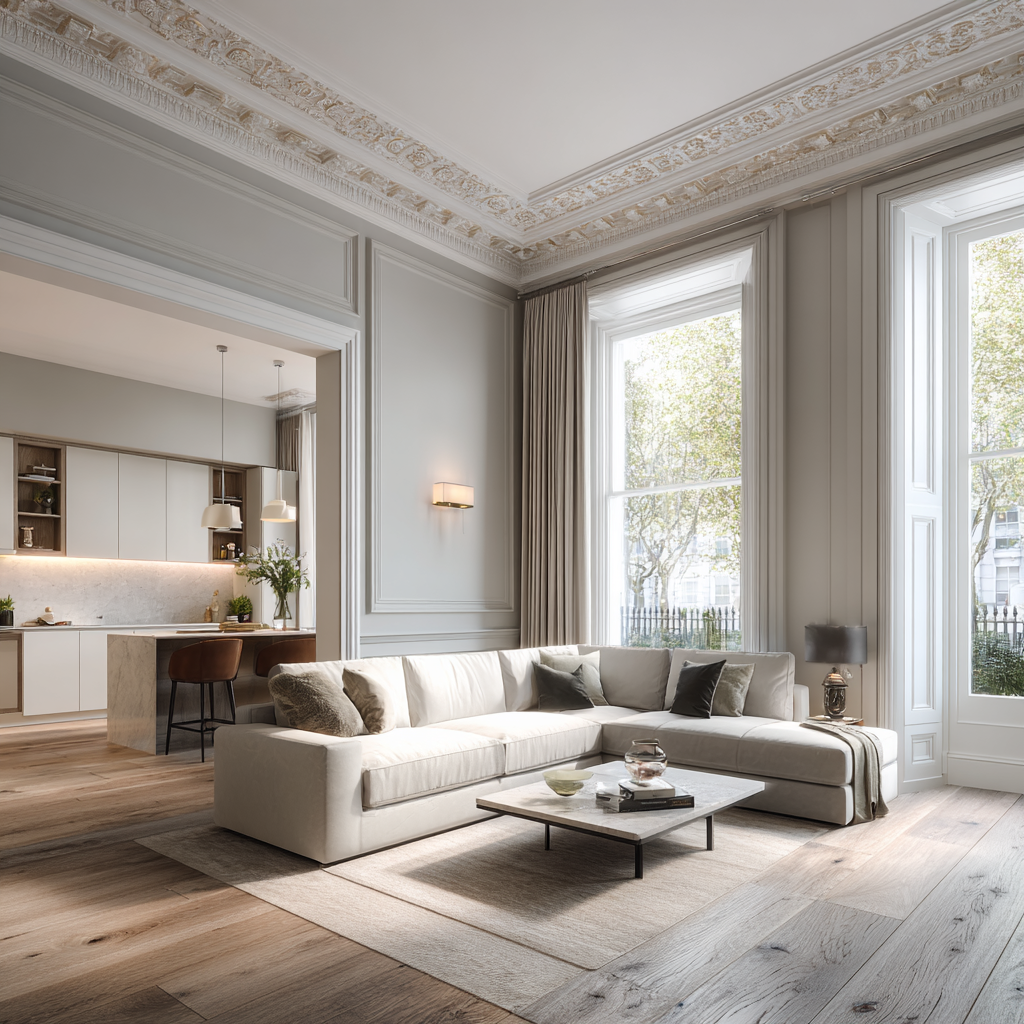 Greville House Belgravia SW1X apartment refurbishment - walnut joinery and handleless kitchen