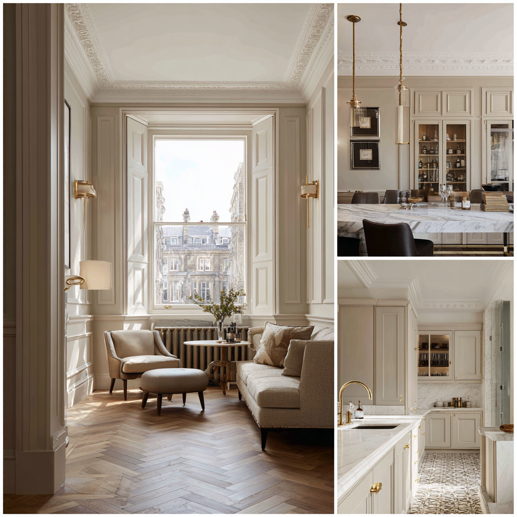 Motcomb Street Belgravia apartment - terrazzo kitchen island, Crittall glazing, and exposed brickwork