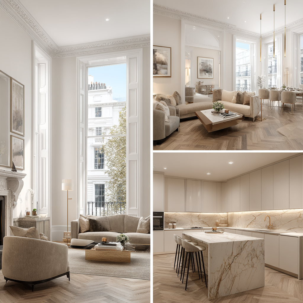 Pembroke Gardens Kensington W8 apartment refurbishment - restored reception room with bespoke joinery and herringbone flooring