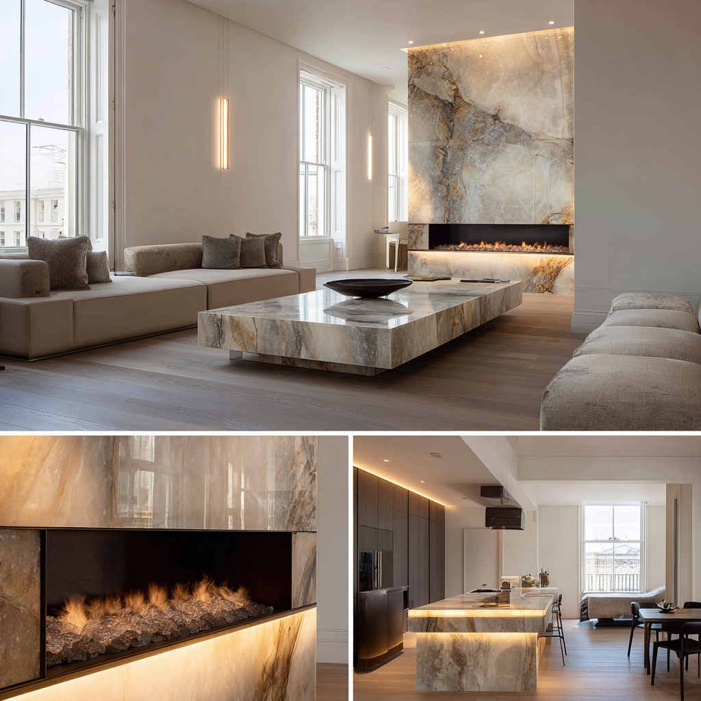 13 Thorburn House Belgravia apartment - emerald kitchen with fluted glass partition and terrazzo flooring