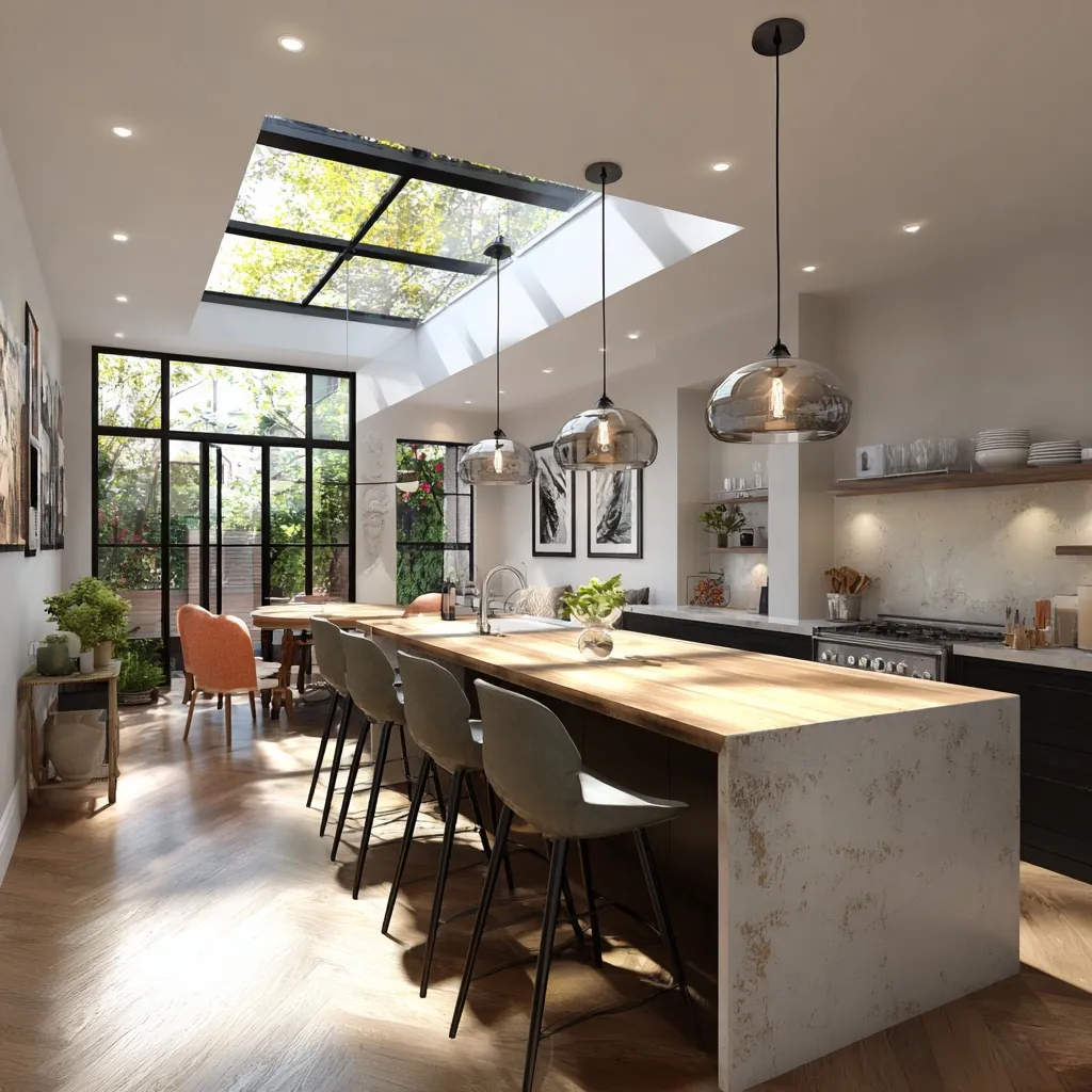 Large wrap-around kitchen extension in Hampstead with skylight and island