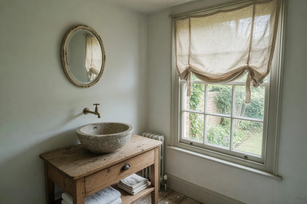 Stone basin and a linen blind in a Hampstead bathroom