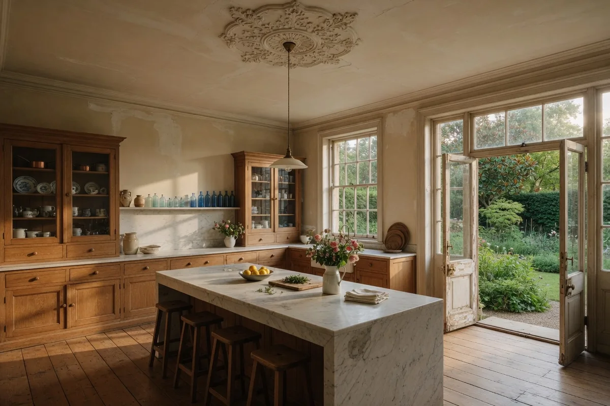 Kitchen with garden doors in a Holland Park house