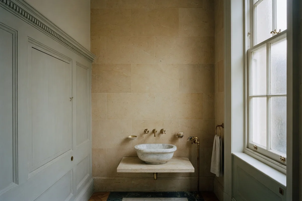 Marble basin and timber panelling in a Marylebone bathroom