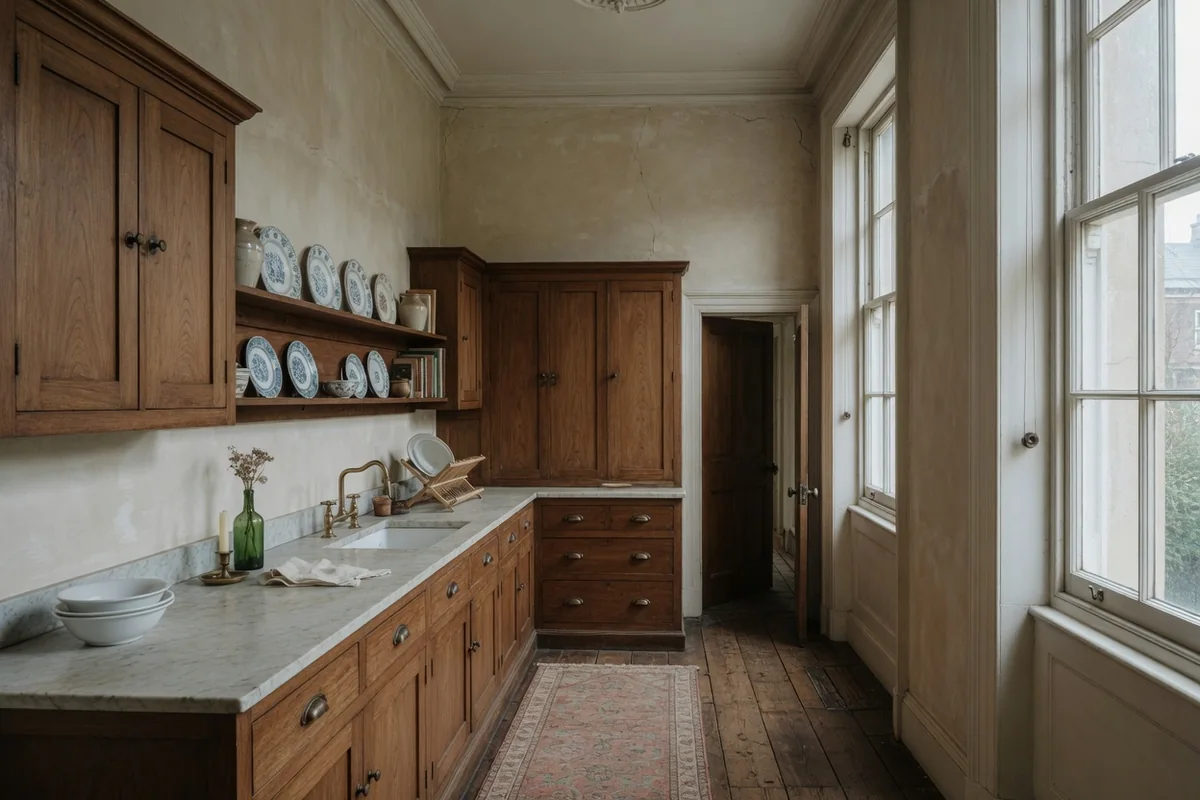 Walnut kitchen and sash window in a Marylebone townhouse
