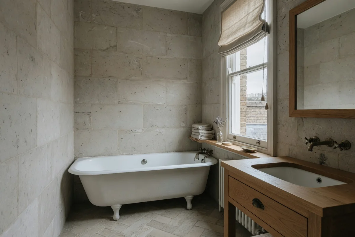 Stone bathroom with a linen blind in a Notting Hill house