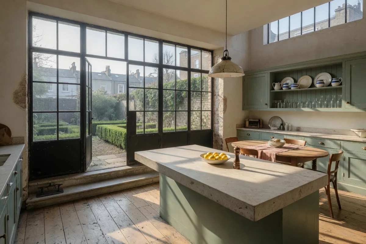 Kitchen with metal-framed garden doors in a Notting Hill house