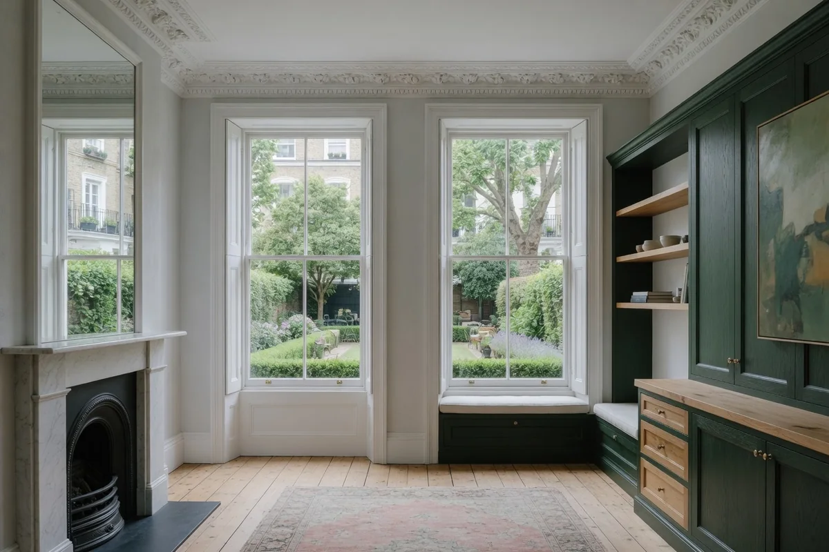 Sash windows and garden doors in a Notting Hill reception room