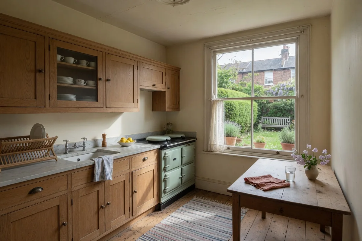 Oak kitchen beside a garden window in a St John's Wood house